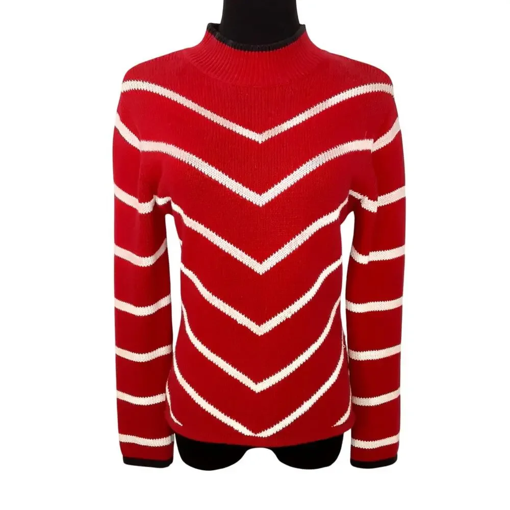 Vintage 80s Mock Neck Sweater Red White Chevron Pullover Nautical Stripe Preppy